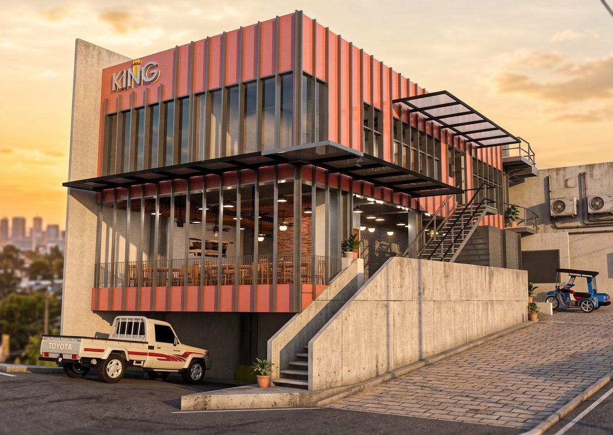 King restaurant and cafe building, design render